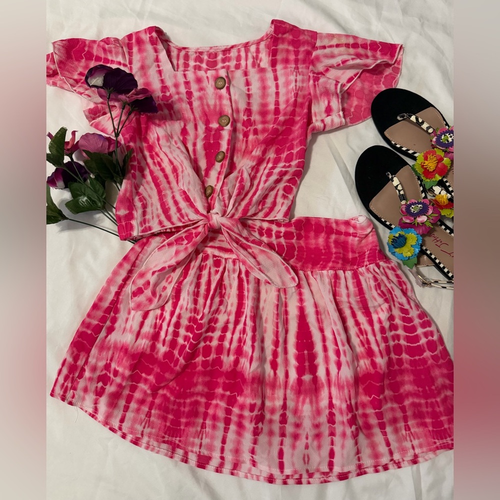 Pink Tie-Dye Kids Button Up Top and Skirt Set